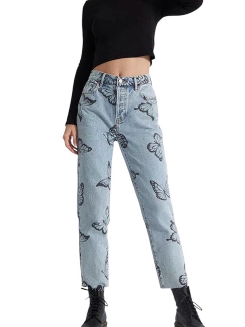 PacSun Light Blue Butterfly Print Straight-Leg Jeans